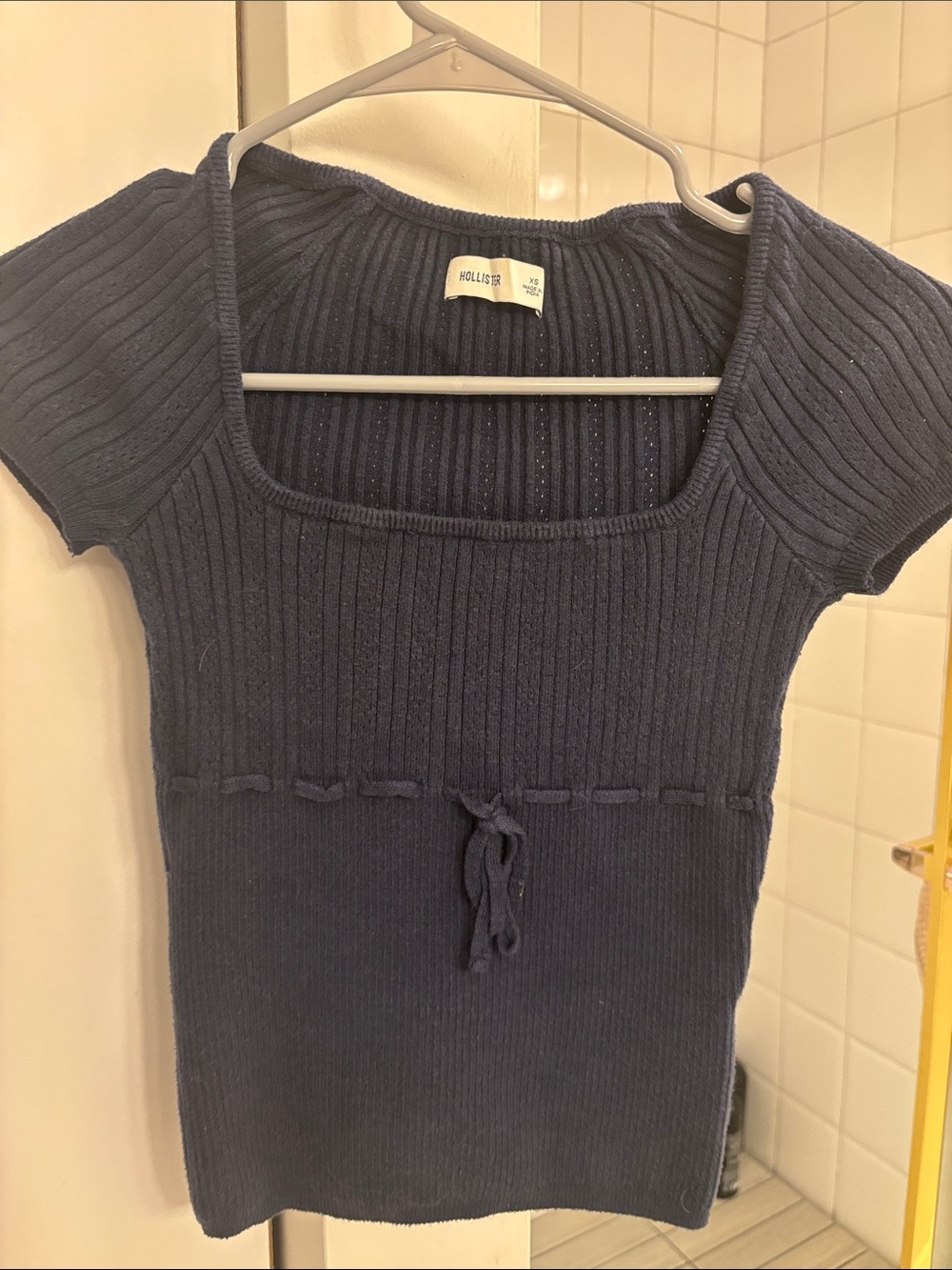 Hollister Navy Ribbed Square-Neck Short Sleeve Knit Top with Waist Tie